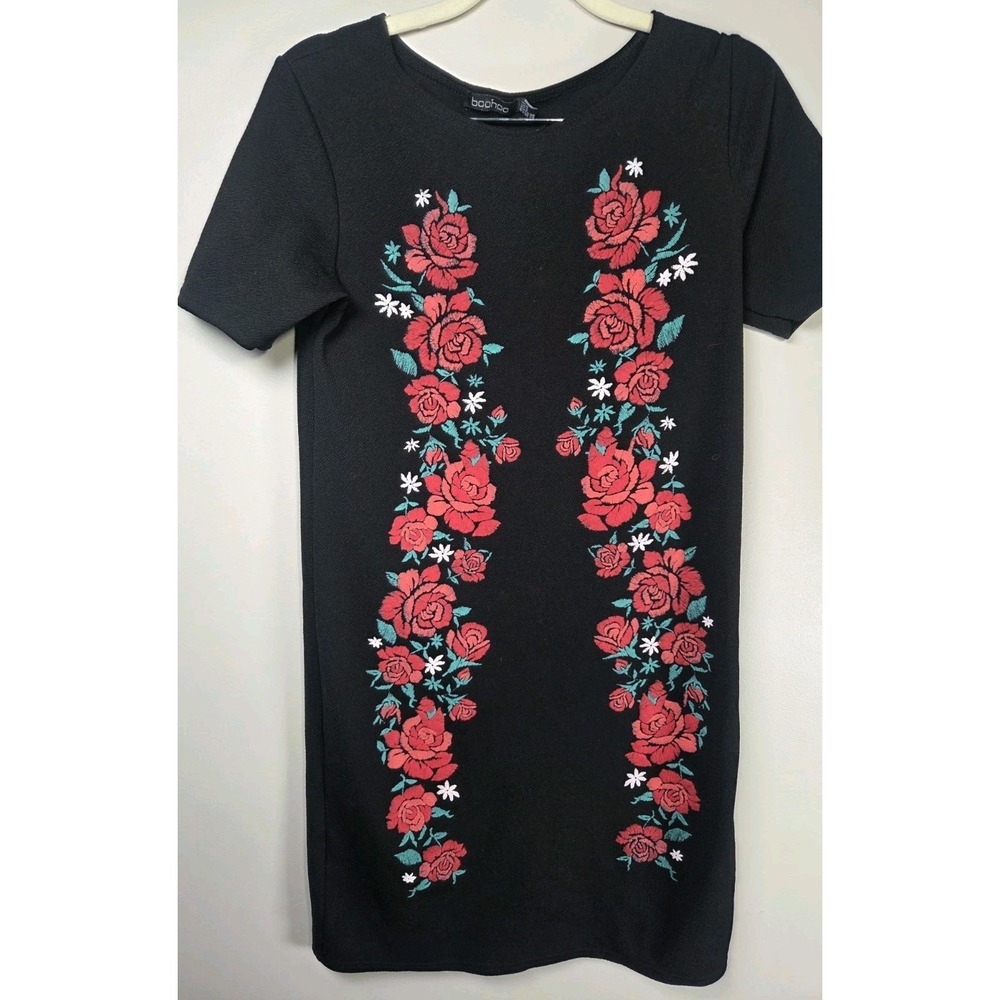 Boohoo Black Mini Dress Raised Rose Graphic Puff Print Bodycon Dress - Picture 2 of 8